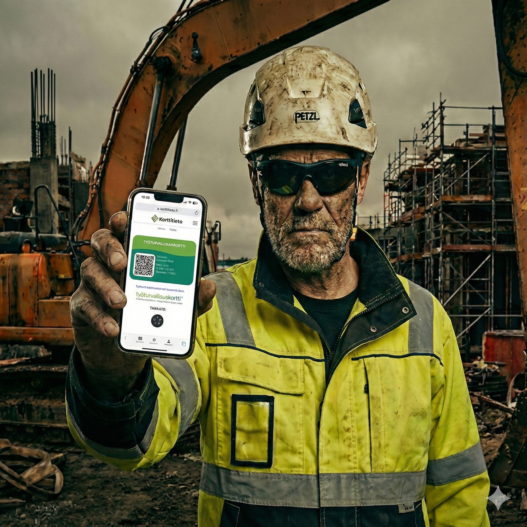 Työturvallisuuskortin mobiilikortti rakennusmiehen kädessä. Taustalla kaivinkone ja työmaa. Työturvallisuuskortti rakennusalalle.