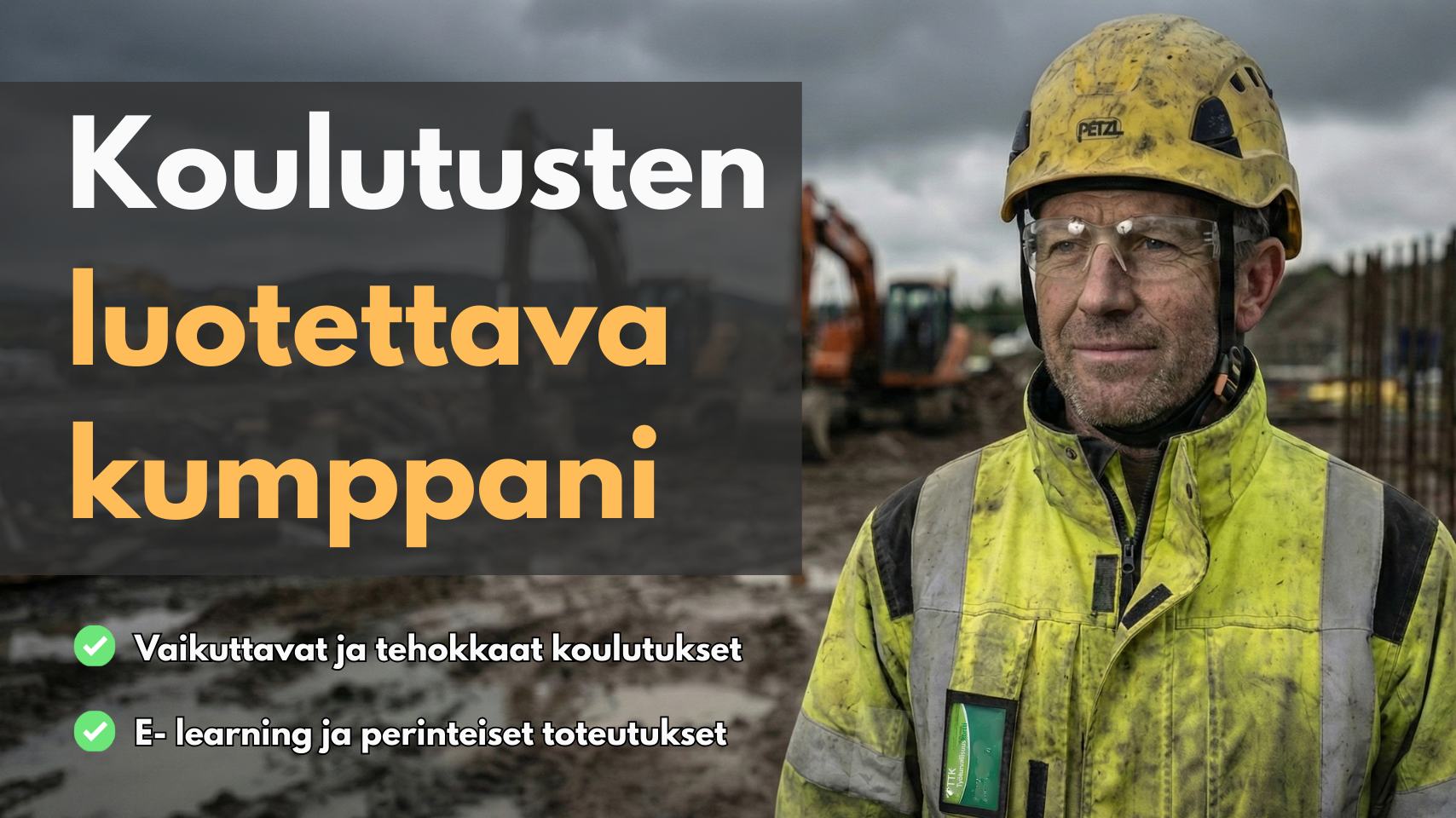 Koulutusten luotettava kumppani. Vaikuttavat ja tehokkaat koulutukset. E-learning ja perinteiset toteutukset. Rakennusmies työvaatteet päällä. Työtakin rinnuksessa on virallinen työturvallisuuskortti.